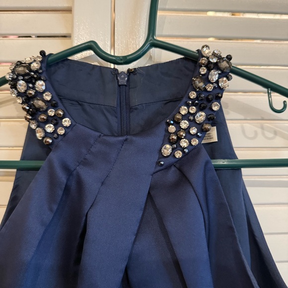 Eliza J Navy Satin Beaded Neckline Evening Gown - Picture 5 of 9